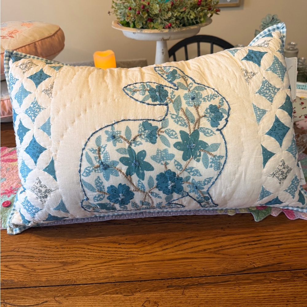 Blue and White Floral Bunny Accent Pillow